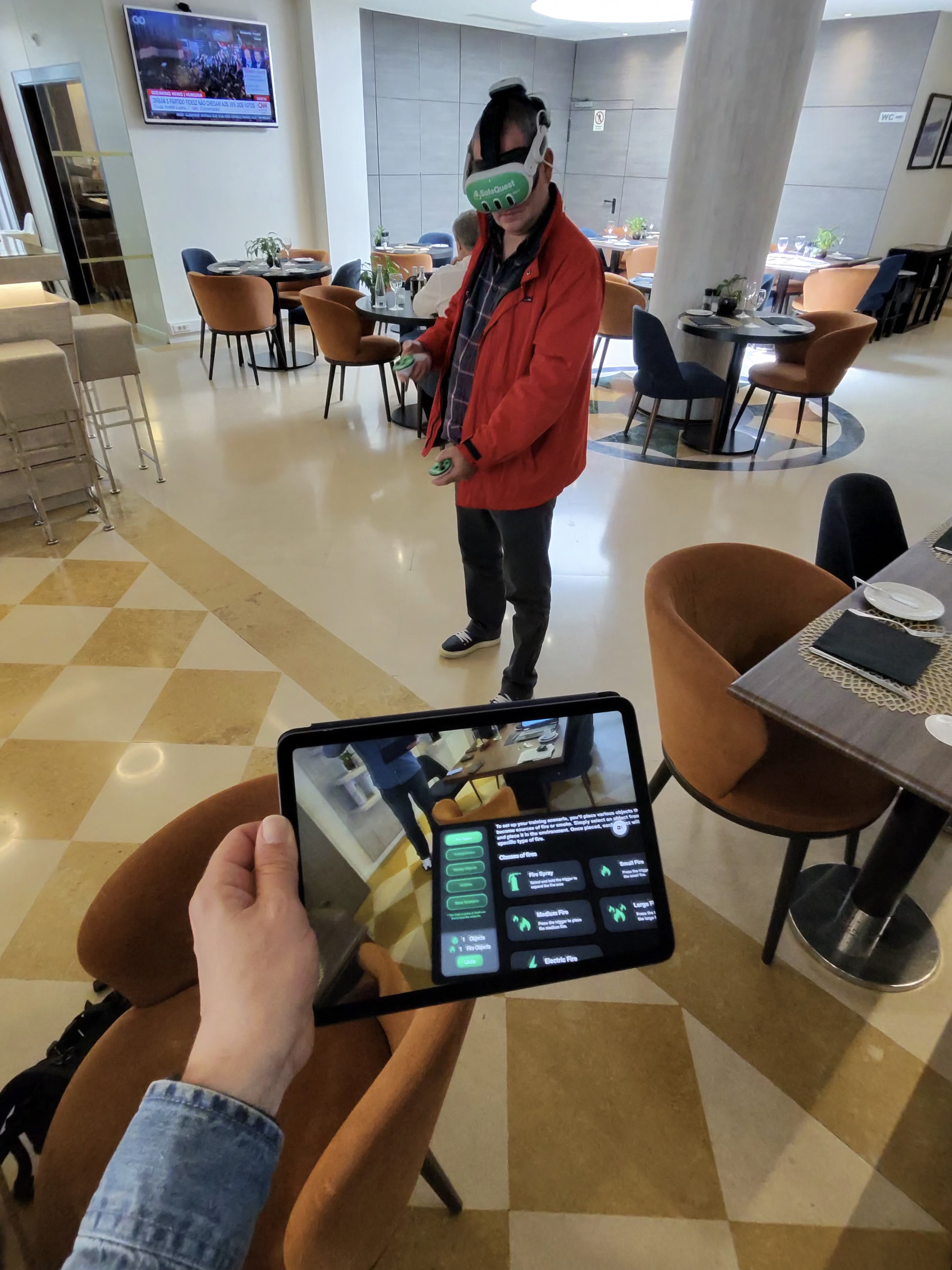 Person wearing FireScenario XR headset in real environment